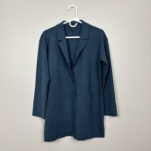 Eileen Fisher Cardigan Jacket XXS Blue Boiled Merino Wool Patch Pocket Long